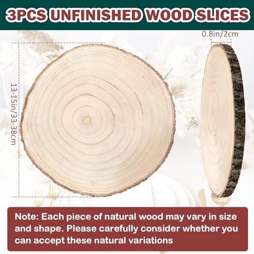 ZYNERY 3 Pcs Wood Slices for Centerpieces 13-15 Inches, Unfinished Wood Rounds Rustic Decor, Natural Large Wooden Circles Centerpieces for Tables, DIY Wedding Decoration Wood Pieces for Painting