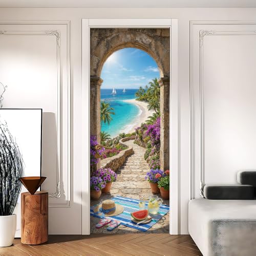 Stone Arch Door Mural, Ocean View Door Cover, 30.3x78.7in - color: Colorful2461