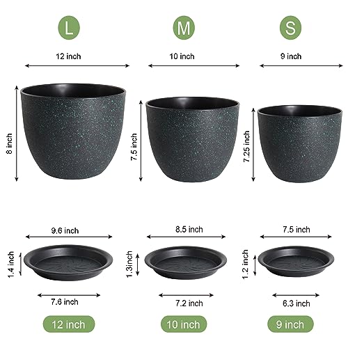 UOUZ 12/10/9 Large Modern Plant Pots, Plastic Planters with Drainage Holes and Saucers for Indoor Outdoor Plants Flowers, Black with Green Speckles - color: Black With Green Speckles