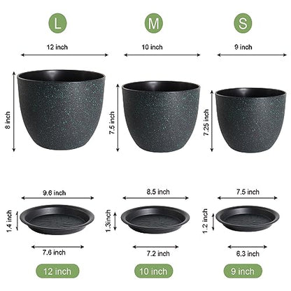 UOUZ 12/10/9 Large Modern Plant Pots, Plastic Planters with Drainage Holes and Saucers for Indoor Outdoor Plants Flowers, Black with Green Speckles - color: Black With Green Speckles