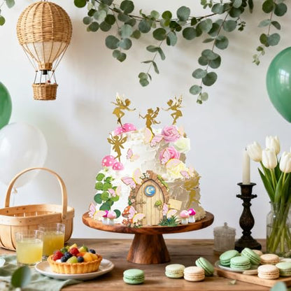 30 PCS Fairy Cake Toppers Fairy Garden Cake Decorations with Gold Fairies | Mushroom Door, Pink Butterfly Toppers, Foam Flowers for Girls Birthday Baby Shower Woodland Party Decor
