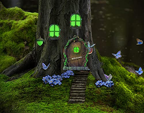 Resin Miniature Fairy Gnome Home Windows and Welcome Door with Fairy Lantern,Glow in Dark Art Sculpture for Trees Outdoor Indoor Garden Yard Wall Decorations