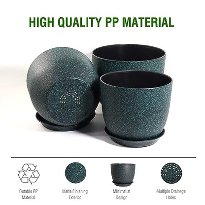 UOUZ 12/10/9 Large Modern Plant Pots, Plastic Planters with Drainage Holes and Saucers for Indoor Outdoor Plants Flowers, Black with Green Speckles - color: Black With Green Speckles