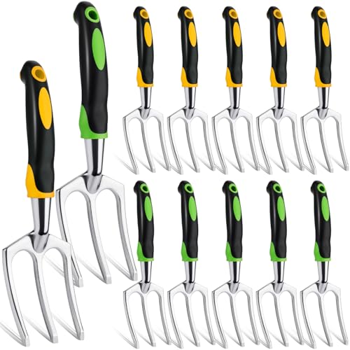 Yaocom 12 Pcs Hand Rakes Garden Tool Mini Heavy Duty Garden Cultivator 11 Inch Small Rake Gardening Hand Tiller with Handle for Digging Weeding Loose Soil(3-Tine Prong Fork,Yellow, Green) - color: Yellow, Green, style: 3-tine Prong Fork