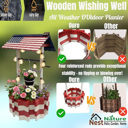 NestNature Large Americana Wooden Wishing Well Planter with Solar Lights - color: Patriotic Color&light, size: 21.75"x21.75"x47.85"