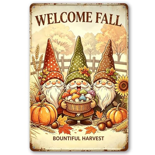 Welcome Fall Metal Signs, Vintage Pumpkin Gnome Decor 8x12 Inch | Waterproof Autumn Bountiful Harvest Wall Art for Home Farm Yard Patio Garden, Thanksgiving Friendsgiving Gifts - color: Welcome Fall