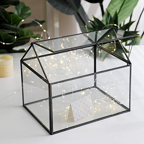 Large Glass Geometric Terrarium Container Tabletop Large Close House Shape Box Planter for Succulent Plant Moss Fern with Swing Lid Black Decor 12 x 9 x 10 inches, No Plants Included