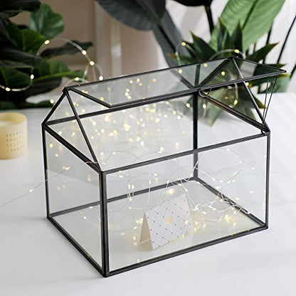 Large Glass Geometric Terrarium Container Tabletop Large Close House Shape Box Planter for Succulent Plant Moss Fern with Swing Lid Black Decor 12 x 9 x 10 inches, No Plants Included
