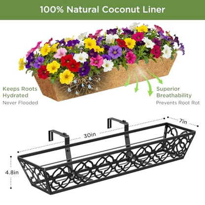 Y&M 4-Pack 30 Inch Railing Planter Boxes 24 Inch 2 Pack, Hanging Balcony Planter, Adjustable Deck Railing Planter Box, Metal Window Boxes Outdoor for Fence, Porch Flower Pots Holder - color: 30inchflo4pcs