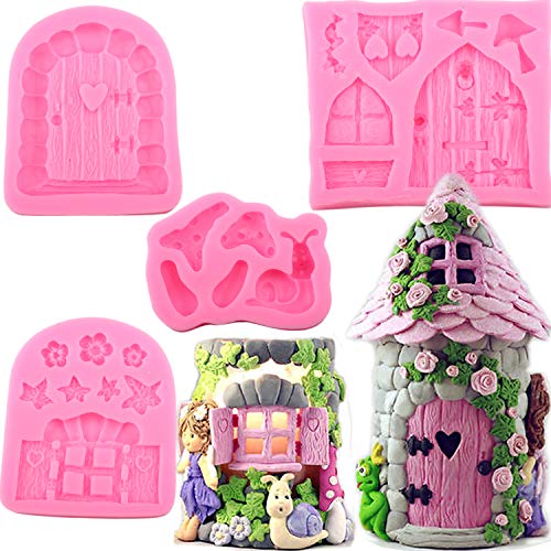 Mujiang Enchanted Fairy Garden Home Door Silicone Fondant Molds Set Of 4 | Mushroom Snail Chocolate Mold Fairy Tale Theme Birthday Cake Decorating Cupcake Topper Resin Candy Polymer Clay Gum Paste - color: Style A