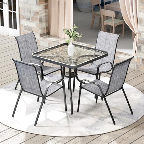 Arlopu 5 Pieces Outdoor Patio Dining Set, Glass Table and Textilene Chair | Stackable Chairs for Saving Space, 30"X30" Table with Metal Frame, 1.69" Umbrella Hole, All Weather for Backyard, Poolside - color: Grey