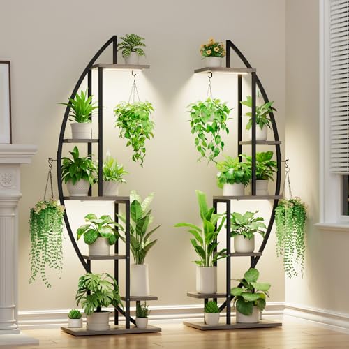 BACEKOLL Plant Stand with Grow Light, 2 Pack Tall Indoor Plant Shelf 6 Tier | 63" Lighted Plant Stand with Large Capacity for Indoor Plants Multiple, Metal Plant Display Holder Rack for Home Patio, Grey - color: Grey + Black