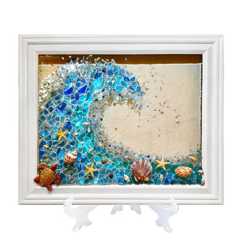 CIYOJA Sea Stained Glass Craft Kit: Wave Mosaic Kit for Adults, DIY Resin Art Kit with Crushed Seaglass for Beach Home Décor, Framed Ocean Glass Artwork Craft Kit for Women, Beginners Art Projects