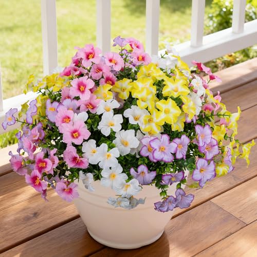 12 Bundles Artificial Flowers for Outdoors UV Resistant Fake Morning Glory - color: Pink,light Yellow,pink Purple,white