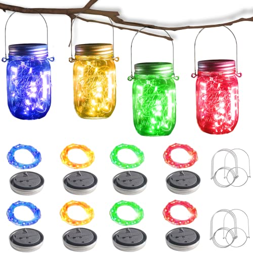 Solar Mason Jar Lights [Updated], 8 Pack 20 LED Waterproof Fairy Firefly Jar Lids String Lights with Hangers(NO Jars), Patio Yard Garden Wedding Decoration - Multi-Colored - color: Multicolor