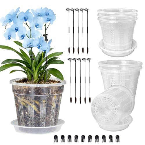 Orchid Pot with Saucers, 6 Pack 5.5" Orchid Pots with Holes and 10Pcs Plant Stakes, Clear Plastic Flower Plant Pot for Indoor Outdoor Plants(6 Pack 5.5"+ Saucers) - style: 6 Pack 5.5"+ Saucers
