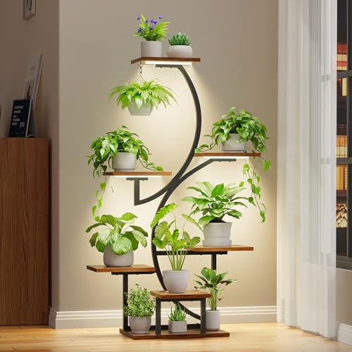 BACEKOLL Plant Stand with Grow Lights 7 Tier 44" S-Shaped Plant Shelf Black | 7-tier 44" S-shaped corner plant stand, 6 pot stands + 1 hanging area, full-spectrum grow light, sturdy iron, for living room
