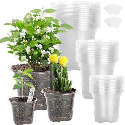 LOCONHA Small Plastic Plant Nursery Pot/Pots (36 Packs 5/4/3.5 Inch Plant Pot and 40 Plant Labels) Seedlings Flower Plant Container (Transparent) Seed Starting Pots Indoor Outdoor