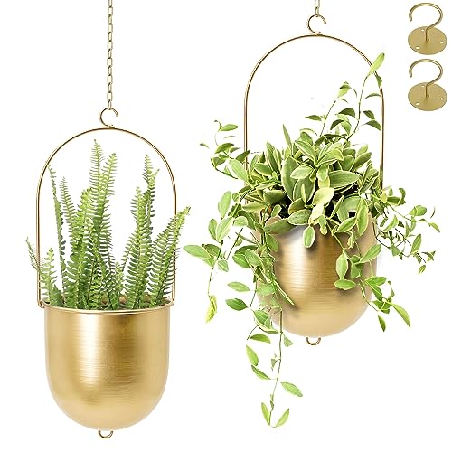 AceList Gold Metal Hanging Planter Set of 2, Wall Plant Holder for Indoor Plants, Boho Hanging Plant Hanger with Adjustable Chain, Modern Hanging Pots for Window Wall Ceiling, No Drip Indoor Planter - color: 5.1-inch Diameter Pot