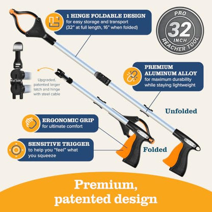 EZPIK Pro 32" Foldable Grabber Reacher Tool for Seniors - Grabbers for Elderly Reaching Tool Heavy Duty Pickup Trash Picker Upper Equipment - Claw Grabber Stick for Reaching Aids, Weed Gripper - size: 32" (Pack of 1) - Silver