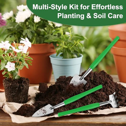 M METERXITY 2-Set Mini Gardening Tools, Stainless Steel Miniature Gardening Rake, Trowel, and Shovel for Seedlings/Bonsai/Succulents/Herbs/Terrariums and Planting [Green] - color: Green