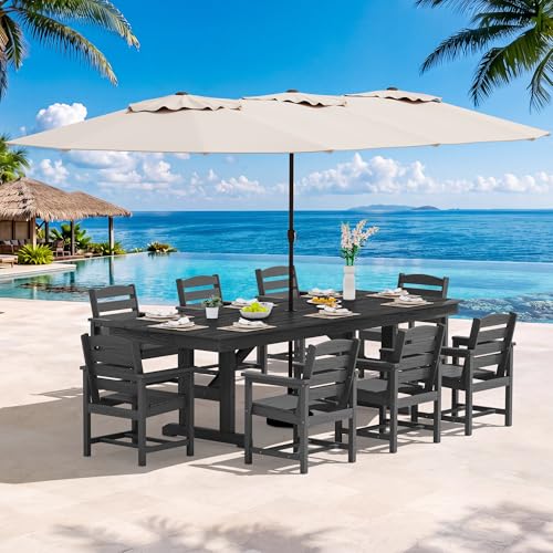 SERWALL 10Pcs 84" HDPE Outdoor Dining Set w/Armchairs & Umbrella,Black - color: Black, size: 10 Piece (Table+8 Armchairs+Umbrella)