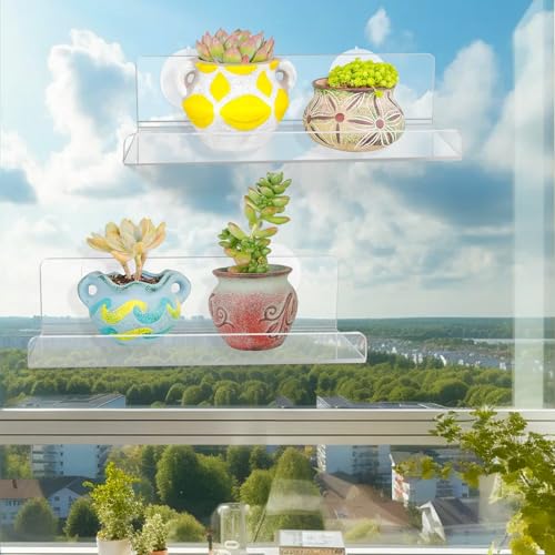 2 Pack Window Plant Shelves, 9 Inch Acrylic Suction Cup Shelf, Window Sill Extender for Indoor Succulents, Herb Planters, Micro Greens, Bathroom Organizer