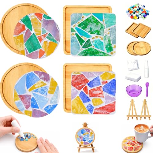 GHAHILI 4 Sets DIY Mosaic Kits for Adults - Graduation Birthday Gifts Glass Mosaic Tiles for Crafts with Wooden Coasters for Women Mosaic Art Kit Craft Coaster Handmade Making Kit Set for Home Decor - color: Mixed Color -4 Sets