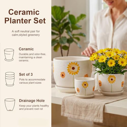 Ceramic Plant Pots,Sunflower Planters with Drainage Holes & Matching Saucer | Ceramic Flower Pot for Indoor Plants | Medium Plant Pots | Cute Herb Planting Pots | Hand-Painted Sunflower Design Pots - color: White and Yellow