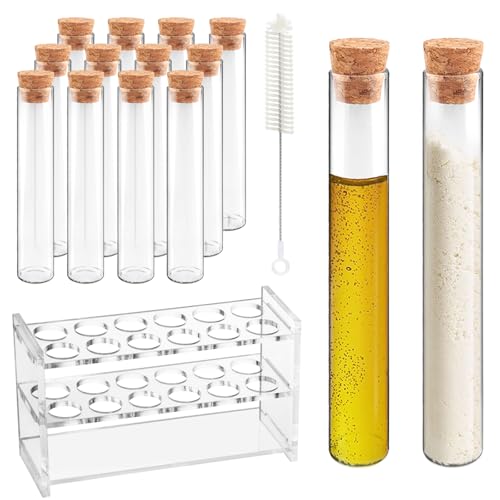 12pcs 60ml Glass Test Tube with Cork Stopper Match 12 Holes Acrylic Rack - size: 25 x 180mm