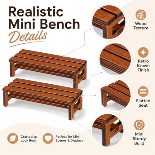 DECHOUS 2Pcs Miniature Wooden Benches for Dollhouse Decoration | Mini Park Bench Furniture for Fairy Garden, Museum Models, Diorama, Miniature Landscape Accessories