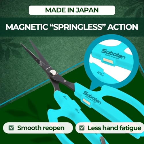 Saboten Japanese Harvesting Shears, Magnetic Springless, Fine-Tip Angled Blade, Fluorine-Coated Steel, Non-Slip Grip, Safety Lock, Made in Japan (Turquoise) - color: Turquoise