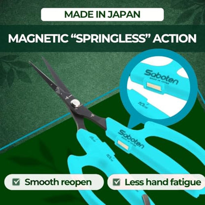 Saboten Japanese Harvesting Shears, Magnetic Springless, Fine-Tip Angled Blade, Fluorine-Coated Steel, Non-Slip Grip, Safety Lock, Made in Japan (Turquoise) - color: Turquoise
