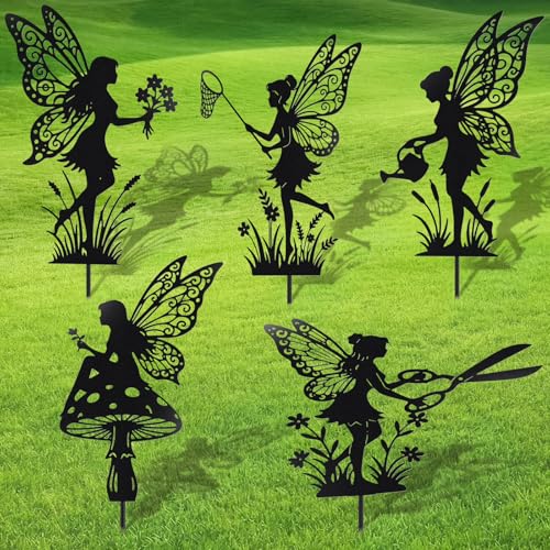Novabright 5 Pcs Decorative Garden Stakes Metal Fairy Silhouette Set Stakes Outdoor Yard Art Decor Fairy Garden Sign for Lawn Flower Bed Planter Pot Landscaping (Black) - color: Black