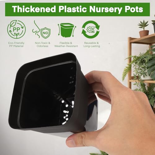 GREANER 12 Inch Sturdy Seed Tray 11PCS, 4 Inch 100PCS Flexible Square Nursery Pots with Drainage Holes, Plant Germination Trays for Plants, Succulent, Flower, 20PCS Plant Labels(Black) - size: 4" Pots-100PCS + 12" Trays-11PCS