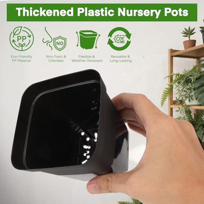 GREANER 12 Inch Sturdy Seed Tray 11PCS, 4 Inch 100PCS Flexible Square Nursery Pots with Drainage Holes, Plant Germination Trays for Plants, Succulent, Flower, 20PCS Plant Labels(Black) - size: 4" Pots-100PCS + 12" Trays-11PCS