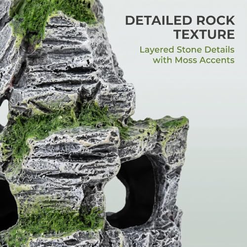 Resin Aquarium Mountain Decor with Moss Rock Cave - Multi-Level Terrain for Fish Tank Landscaping, Natural-Looking Rockery Design with Hidden Cave and Crevices for Shrimp, Reptile Habitat Aquascaping