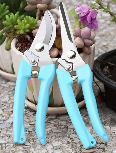 Professional Grade Pruning Shears Gardening Scissors Set - 2 Pack Ergonomic Garden Clippers with Non-Slip Rubber Handle, Sharp Stainless Steel Blades for Gardening, Floral, Bonsai, Indoor Plants,Blue - color: Blue