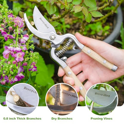Berry&Bird 8'' Bypass Pruning Shears with Wooden Handle, Curved Blade Garden Hand Pruner, Stainless Steel Scissors Ultra Sharp Clippers for Gardening Trimming Cutting Bonsai Plant Flower & Picking - style: 8'' Curved Blade Scissors
