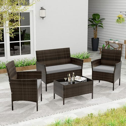 KOTEK 4 Piece Patio Furniture Set, Outdoor Rattan Conversation Set with Loveseat, Wicker Chairs, Tempered Glass Coffee Table, Wicker Patio Set for Backyard, Porch (Grey) - color: Grey