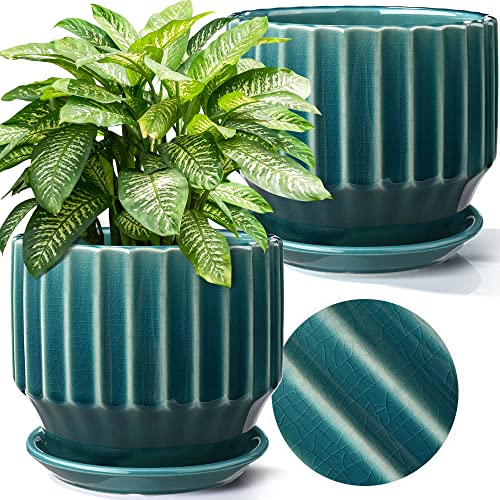 AISBUGUR Plant Pots 6 inch Ceramic Pots for Indoor Plants Set of 2 Flower Pots Unique Crackle Glaze Design Plant Pots with Drainage Hole and Saucer Come with Drainage Nets (Aqua Green) - color: Aqua Green