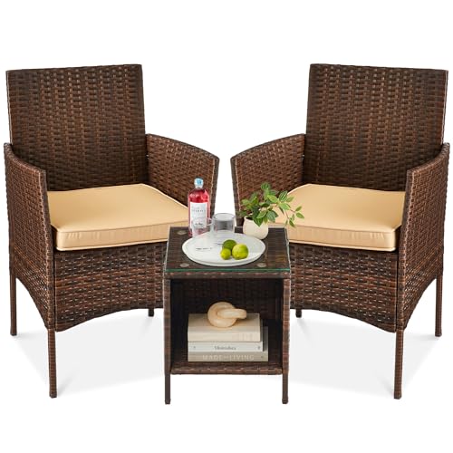 Best Choice Products 3-Piece Outdoor Wicker Conversation Bistro Set, Space Saving Patio Furniture for Garden w/Side Table - Brown/Tan - color: Brown/Tan