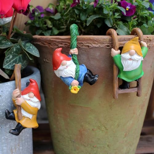 Garden Gnome Pot Climbers Decoration Set, 3 Piece Resin Hanging Figurines, Colorful Climbing Gnomes Statue, Outdoor Decor for Plant Pots, 2.9 Inch Small Garden Gifts - style: Climbing Gnomes