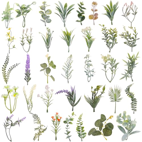 FOIMAS 36Pcs Mini Fake Green Leaves, Artificial Faux Plants Leaves Flowers for DIY Craft Small Bouquets Bridal Baby Shower Envelope Cakes Gifts Home Party Wedding Anniversary Decoration