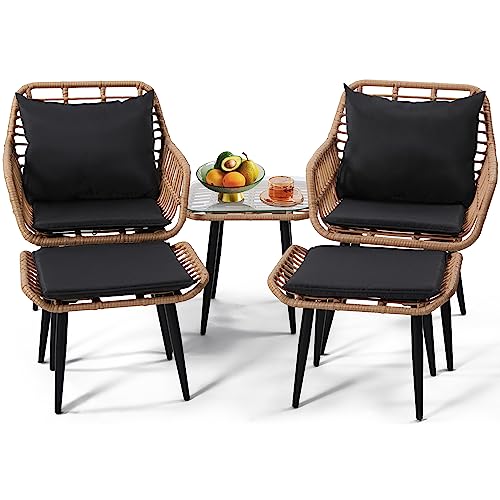 KROFEM 5 Piece Wicker Bistro Patio Conversation Furniture Set, Natural - color: Natural, size: 5 PCS