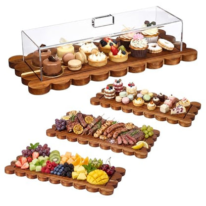 1 Pack Acacia Wood Cake Stand with Lid 16.3" x 7.2" Large Scalloped Rectangular Cake Holder 2-in-1 Charcuterie Board Acacia Wood Dessert Display with Acrylic Cover for Birthday Weddings Party