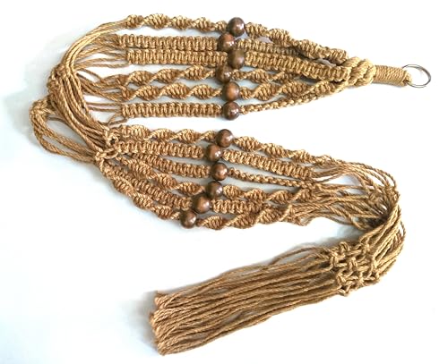 1 PCS 6 Legs Macrame Plant Hanger Jute Double Tiers Plant Hanger & Plant Holder with 6 pcs Round Brown Wood Bead, Hanging Planter 65-inches for 8 inch and 10 Inch Plant Pot (Without Pot)