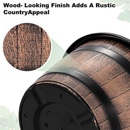 Quarut Large Plastic 3 Pack16 inch Plant Pots,Whiskey Barrel Planters with Drainage Holes & Saucer.Flower Pots Imitation Wine Barrel Design for Indoor & Outdoor Garden Balcony Plants.7 Gallons(Brown) - size: 16 inches