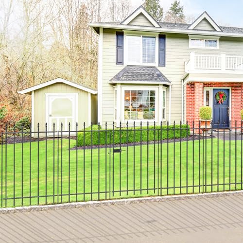 Decorative Metal Garden Fence with Gate 36" x 10', Dog Fence Outdoor | 1 Gate + 4 panels, Wrought Iron Fencing with Stakes for Yard & Backyard, No-Dig Fence with Roman Column Decor, Black - size: 36″H x 10ft (1Gate+4Panels)