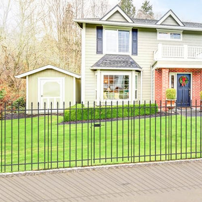 Decorative Metal Garden Fence with Gate 36" x 10', Dog Fence Outdoor | 1 Gate + 4 panels, Wrought Iron Fencing with Stakes for Yard & Backyard, No-Dig Fence with Roman Column Decor, Black - size: 36″H x 10ft (1Gate+4Panels)